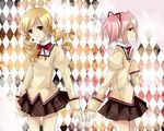  bad_id bad_pixiv_id blonde_hair brown_eyes chiobox drill_hair kaname_madoka mahou_shoujo_madoka_magica mitakihara_school_uniform multiple_girls no_legwear pink_eyes pink_hair profile reaching school_uniform short_hair smile tomoe_mami twintails 