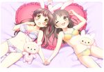  :d :o animal_ears bow bow_bra bow_panties bra brown_eyes brown_hair bunny_ears fang frilled_pillow frills heart heart_pillow highres holding_hands lingerie lying multiple_girls navel on_back one_eye_closed open_mouth original panties pillow polka_dot polka_dot_bra polka_dot_panties purple_bra purple_panties smile striped stuffed_animal stuffed_bunny stuffed_toy underwear underwear_only usashiro_mani vertical-striped_bra vertical-striped_panties vertical_stripes yellow_bra yellow_eyes yellow_panties 
