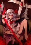  barefoot bat_wings cross face feet flower grin hat highres nail_polish nanahara_fuyuki panties purple_hair red_eyes red_flower red_rose remilia_scarlet rose short_hair sitting slit_pupils smile solo spear_the_gungnir touhou underwear wings 