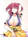  breasts cleavage grin hair_bobbles hair_ornament highres large_breasts onozuka_komachi ooike_teru red_hair short_hair smile solo touhou two_side_up upper_body 