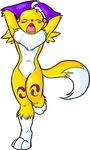  canine digimon eyes_closed female fox gloves leg_band markings nude open_mouth renamon soft solo standing stretch suta_raito tail yawn 