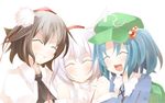  ^_^ animal_ears arashiya blue_hair brown_hair closed_eyes hair_bobbles hair_ornament hat inubashiri_momiji kawashiro_nitori multiple_girls open_mouth portrait shameimaru_aya short_hair smile tokin_hat touhou two_side_up upper_body white_hair wolf_ears 