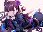  1girl blush breasts double_bun dress fang fate/grand_order fate_(series) frills hair_ornament hakka_(88hk88) long_hair murasaki_shikibu_(fate) open_mouth purple_eyes purple_hair sleeves_past_wrists solo striped vertical_stripes very_long_hair 