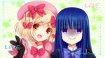  bad_id bad_pixiv_id blonde_hair bow brown_eyes bug butterfly english fang formal frederica_bernkastel gloves hair_bow hair_ornament hat highres insect jewelry lambdadelta long_hair multiple_girls necklace polka_dot polka_dot_background purple_eyes purple_hair rape_face short_hair smile star umineko_no_naku_koro_ni v xingyueyaoshi 