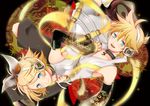  1girl bad_id bad_pixiv_id blonde_hair blue_eyes brother_and_sister detached_sleeves hair_ribbon hairband headphones isago_(ica) kagamine_len kagamine_rin open_mouth ribbon siblings smile twins vocaloid 