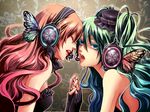  black_gloves black_hat blue_eyes blue_hair bow closed_eyes fingerless_gloves frilled from_side gloves green_hair green_nails hair_bow hat hatsune_miku headphones long_hair magnet_(vocaloid) megurine_luka mini_hat multicolored_hair multiple_girls nail_polish open_mouth red_hair red_lips strapless tsurumi_(pixiv233690) two-tone_hair two_side_up vocaloid 