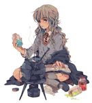  bad_id bad_pixiv_id blonde_hair book bottle fire harry_potter hermione_granger indian_style long_hair necktie pot ren_(zero_second) simple_background sitting solo spill sweater 