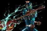  belt electricity guitar horn instrument kamen_rider kamen_rider_hibiki_(series) kamen_rider_zanki kuchibiru_keisuke male_focus solo 