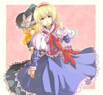  alice_margatroid back-to-back blonde_hair blue_eyes blush bow byakugan_(tsuson) capelet hat holding_hands kirisame_marisa long_hair multiple_girls ribbon short_hair touhou witch_hat yellow_eyes 