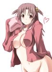  bottomless breasts brown_eyes brown_hair cleavage heart infinite_stratos large_breasts mister_(black_and_white) navel nohotoke_honne open_clothes pajamas short_hair sleeves_past_fingers sleeves_past_wrists solo 