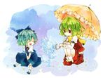  ascot bad_id bad_pixiv_id blue_hair blush bow child cirno closed_eyes dress fairy flower green_hair ice_flower kazami_yuuka koura_higure multiple_girls parasol red_eyes scarf short_hair skirt skirt_set smile squatting star sunflower touhou umbrella vest wings 