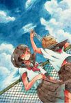  bad_id bad_pixiv_id bottle cloud day dutch_angle fence from_behind highres multiple_girls original ringo006 sailor_collar sailor_collar_lift school_uniform serafuku short_hair sky traditional_media watercolor_(medium) wind 