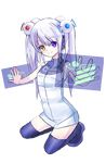  anger_core cake_core dress floating_screen full_body glados hair_ornament heterochromia highres long_hair personification portal portal_(series) purple_eyes sitting solo thighhighs transparent_background twintails white_hair yellow_eyes yunare 