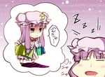  :&lt; bag blush closed_eyes dreaming dress hat mukyuu otaku patchouli_knowledge purple_eyes purple_hair rioshi touhou 