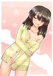  ;q abo_(hechouchou) bad_id bad_pixiv_id bare_shoulders black_hair bottomless breasts brown_eyes cardigan cleavage collarbone covering covering_crotch dutch_angle looking_at_viewer low_wings medium_breasts naked_cardigan naughty_face no_bra no_panties off_shoulder one_eye_closed pointy_ears red_eyes shameimaru_aya shirt_tug solo star tongue tongue_out touhou unbuttoned wings 