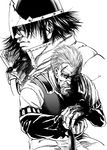  armor askeladd beard bjorn_(vinland_saga) facial_hair greyscale highres male_focus monochrome multiple_boys n_taira scar sword viking vinland_saga weapon 