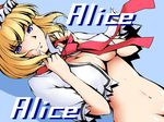  alice_margatroid blonde_hair blue_eyes bottomless breasts cape capelet character_name cleavage covered_nipples dutch_angle groin hairband large_breasts light_smile misopanne naked_cape necktie short_hair solo touhou 