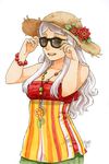  bracelet face flower green_eyes hat hat_flower jewelry long_hair marker_(medium) meago mina_(meago) necklace open_mouth original solo strapless straw_hat sunglasses traditional_media tubetop white_hair 