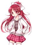  alternate_costume bad_id bad_pixiv_id food hair_ornament hairclip hands_in_pockets jacket long_hair mahou_shoujo_madoka_magica mouth_hold open_clothes open_jacket plaid pocky ponytail red_eyes red_hair sakura_kyouko shirt simple_background skirt solo striped striped_shirt thighhighs track_jacket wasabi_(sekai) white_legwear zettai_ryouiki 