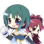  blue_eyes bow cape clenched_hand hair_bow kanibasami long_hair mahou_shoujo_madoka_magica miki_sayaka multiple_girls ponytail red_eyes red_hair sakura_kyouko short_hair tongue 