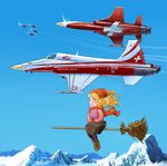  :d aircraft airplane blush broom broom_riding commentary condensation_trail day emblem f-5_freedom_fighter flying hat inui_(jt1116) jet military mittens mountain open_mouth original pantyhose patrouille_suisse pilot scarf sidesaddle smile striped striped_legwear 