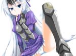  armor armored_dress blue_eyes breastplate eucliwood_hellscythe gauntlets greaves juliet_sleeves kore_wa_zombie_desu_ka? long_sleeves nuebiimu panties pantyshot puffy_sleeves silver_hair solo spread_legs underwear vambraces visor_(armor) white_background 