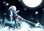  dress from_behind full_moon green_dress green_eyes katana konpaku_youmu moon nunua short_hair silver_hair solo sword touhou weapon 