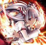  bad_id bad_pixiv_id bow buckle dress_shirt fire frown fujiwara_no_mokou hair_bow hair_ribbon long_hair looking_at_viewer masaru.jp midriff navel red_eyes ribbon shirt silver_hair solo suspenders touhou upper_body 