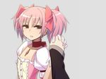  akemi_homura bow chan_co choker gloves hair_bow holding_hands interlocked_fingers kaname_madoka mahou_shoujo_madoka_magica pink_eyes pink_hair puffy_sleeves red_choker short_hair short_twintails simple_background solo_focus tears twintails 