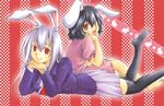  amanosora animal_ears bad_id bad_pixiv_id black_hair black_legwear blazer brown_eyes bunny bunny_ears chin_rest dress heart inaba_tewi jacket lavender_hair long_hair looking_back lying marker_(medium) miniskirt multiple_girls on_stomach pleated_skirt red_eyes reisen_udongein_inaba short_hair sitting skirt smile thighhighs touhou traditional_media zettai_ryouiki 