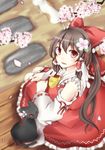 absurdres animal ascot bad_id bad_pixiv_id bare_shoulders blush bow brown_hair cat cherry_blossoms detached_sleeves flower hair_bow hair_flower hair_ornament hakurei_reimu hand_on_lap highres japanese_clothes long_hair looking_at_viewer looking_up pasutel petals red_eyes smile solo touhou 