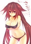  breasts brown_hair cleavage highres large_breasts long_hair mamuru original purple_eyes red_hair solo tears translated twintails white_background 