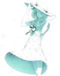  bow closed_eyes copyright_request dress dress_lift hand_on_headwear hat light_smile monochrome solo sousou_(sousouworks) sun_hat wind wind_lift 