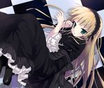  :o blonde_hair checkered checkered_floor dress gosick gothic_lolita green_eyes hairband ink_(artist) lolita_fashion long_hair lying on_side tsurime victorica_de_blois 