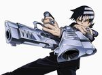  artist_request black_hair death_the_kid dual_wielding extraction foreshortening gangsta_hold gun handgun highres holding official_art solo soul_eater trigger_discipline upside-down weapon white_background yellow_eyes 