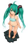  aqua_eyes aqua_hair barefoot bikini blush collarbone face foreshortening from_above hatsune_miku headphones inuinu_(project_october) long_hair solo swimsuit twintails vocaloid 