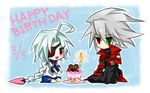  1girl ahoge bad_id bad_pixiv_id black_pants blazblue braid cake candle chibi food fruit green_eyes happy_birthday heart heterochromia long_hair nu-13 pants ragna_the_bloodedge red_eyes school_uniform sendai_(1000die) short_hair silver_hair sitting strawberry 