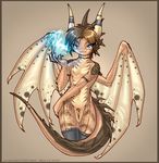  2005 blue_eyes blue_fire breasts dragon female fire horns looking_at_viewer nude scalie solo tail wings yamer 