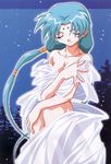  absurdres aqua_hair bed_sheet blush breasts cleavage closed_eyes facial_mark forest glowing goddess highres long_hair low-tied_long_hair medium_breasts midriff nature night oowada_naoyuki scan see-through smile solo star_(sky) tenchi_muyou! tsunami_(tenchi_muyou!) twintails very_long_hair 