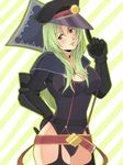  :d adjusting_clothes adjusting_hat bad_id bad_pixiv_id belt black_gloves black_legwear blush breasts cleavage cowboy_shot elbow_gloves garter_belt gloves green_hair hand_on_ass hat hat_tip head_tilt index_finger_raised kanaru large_breasts leotard long_hair looking_at_viewer loose_belt open_mouth orange_eyes outline peaked_cap smile solo star_driver striped striped_background suspenders thighhighs watanabe_kanako 