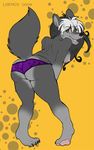  bent_over breasts butt canine female looking_at_viewer looking_over_shoulder lyenuv panties raised_tail side_boob solo tail topless underwear wolf 