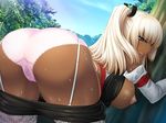  1girl ass beauty_mark bent_over blonde_hair blue_eyes blush breasts dark_skin game_cg garter_belt hatsujo_exorcist large_breasts lilith-soft long_hair looking_back mole nipple nipples outdoors panties pink_panties ponytail sky solo sweat thighhighs underwear 