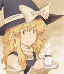  bad_id bad_pixiv_id blonde_hair cup hat hat_ribbon kirisame_marisa long_sleeves looking_at_viewer plate potion01 ribbon simple_background smile solo tea teacup touhou turtleneck upper_body witch_hat yellow_eyes 