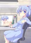  ahegao blue_eyes blue_hair blush censored chain computer cucumber hair_bobbles hair_ornament highres kawashiro_nitori monitor naughty_face object_insertion open_mouth pussy sakuna saliva sitting smile solo stylus touhou two_side_up 