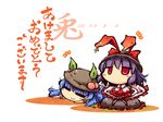  2011 2girls :3 =_= blue_hair blush chibi food fruit hat highres hinanawi_tenshi jitome long_hair multiple_girls nagae_iku okome_(kome_kuma) peach purple_hair red_eyes sitting touhou translated 