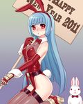  animal_ears atk bad_id bad_pixiv_id blue_hair bunny bunny_ears bunnysuit elbow_gloves garters gloves hime_cut kula_diamond leotard long_hair red_eyes red_leotard solo the_king_of_fighters thighhighs 