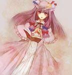  bad_id bad_pixiv_id blush book bow crescent face floating floating_object foreshortening hair_bow hands hat long_hair lowres open_book patchouli_knowledge purple_eyes purple_hair solo tomoe_(itigo) touhou 