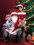  bare_shoulders beard choker christmas cuffs facial_hair handcuffs hasegawa_mai hat highres kneehighs konoko multiple_girls oni_(game) pink_hair santa_costume santa_hat shinatama sitting sitting_on_lap sitting_on_person 