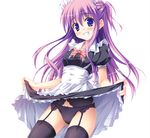  black_legwear blush garter_belt grin long_hair maid original panties purple_eyes purple_hair skirt skirt_lift smile solo thighhighs underwear yuurei_yashiki 