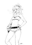  1girl :d belt blush bodypaint braid breasts f.w.zholic fate/apocrypha fate_(series) greyscale hands_on_hips highres long_hair monochrome mordred_(fate) mordred_(fate)_(all) navel nipples open_mouth ponytail shorts simple_background small_breasts smile solo sweat teeth tongue topless white_background 
